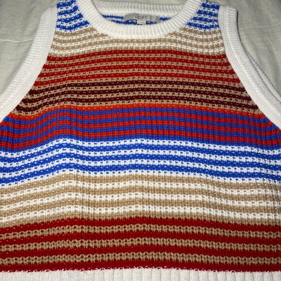 Loft Multicolor Sweater Vest Womens M Preppy Blue Tan Red Burgundy Stripe EUC - Picture 6 of 9